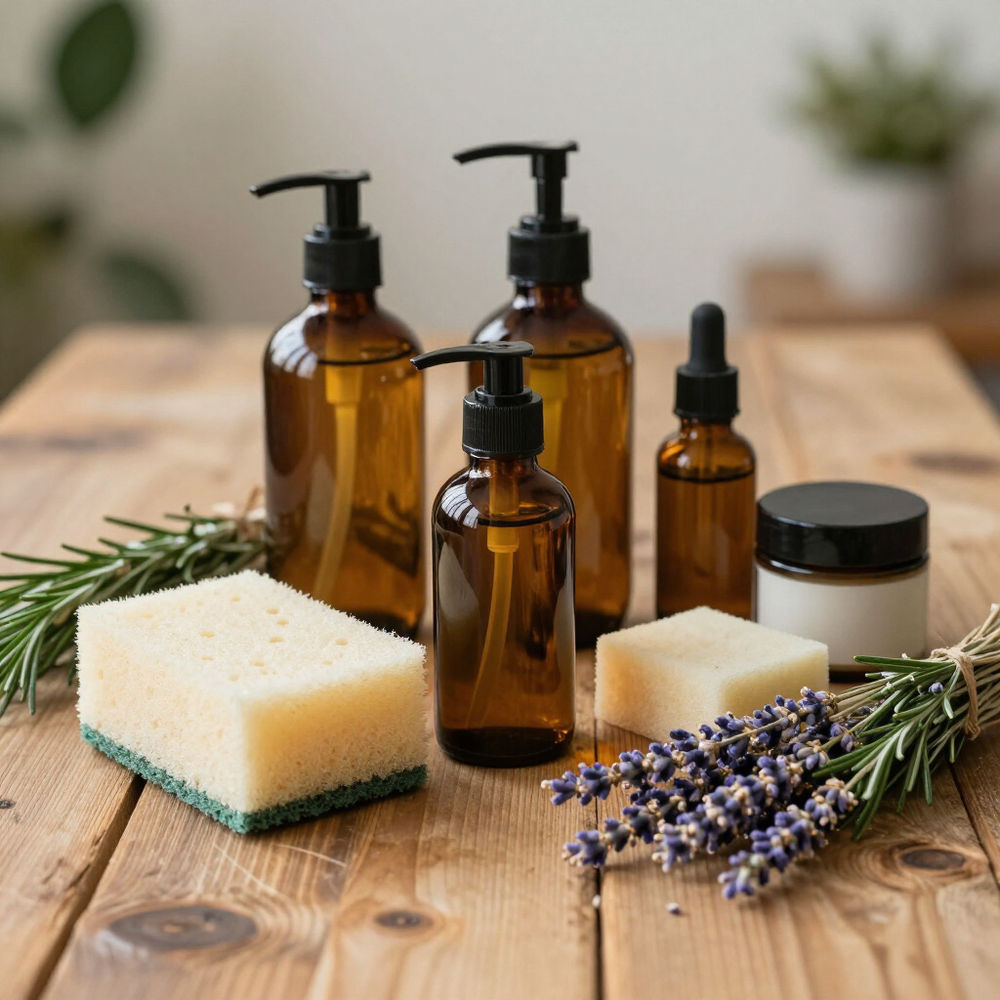 Brown glass refillable vials with a sponge, surrounded by lavender and rosemary sprigs