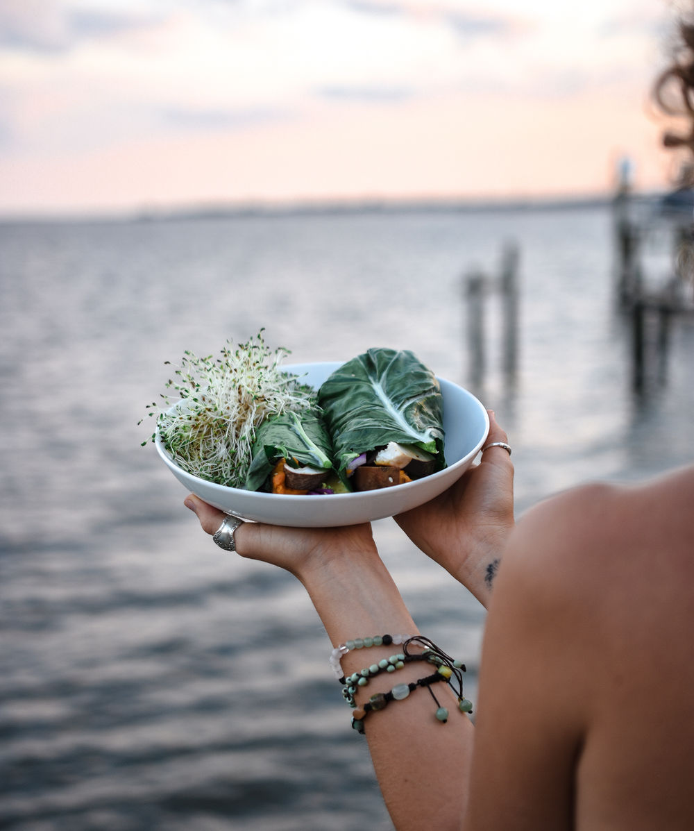 Healthy plant-based veggie wrap on a dock overlooking the bay